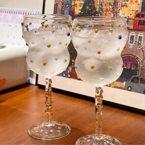Lot Of 2 Colorful Studded Embossed Dots Pattern Champagne Wine Glass